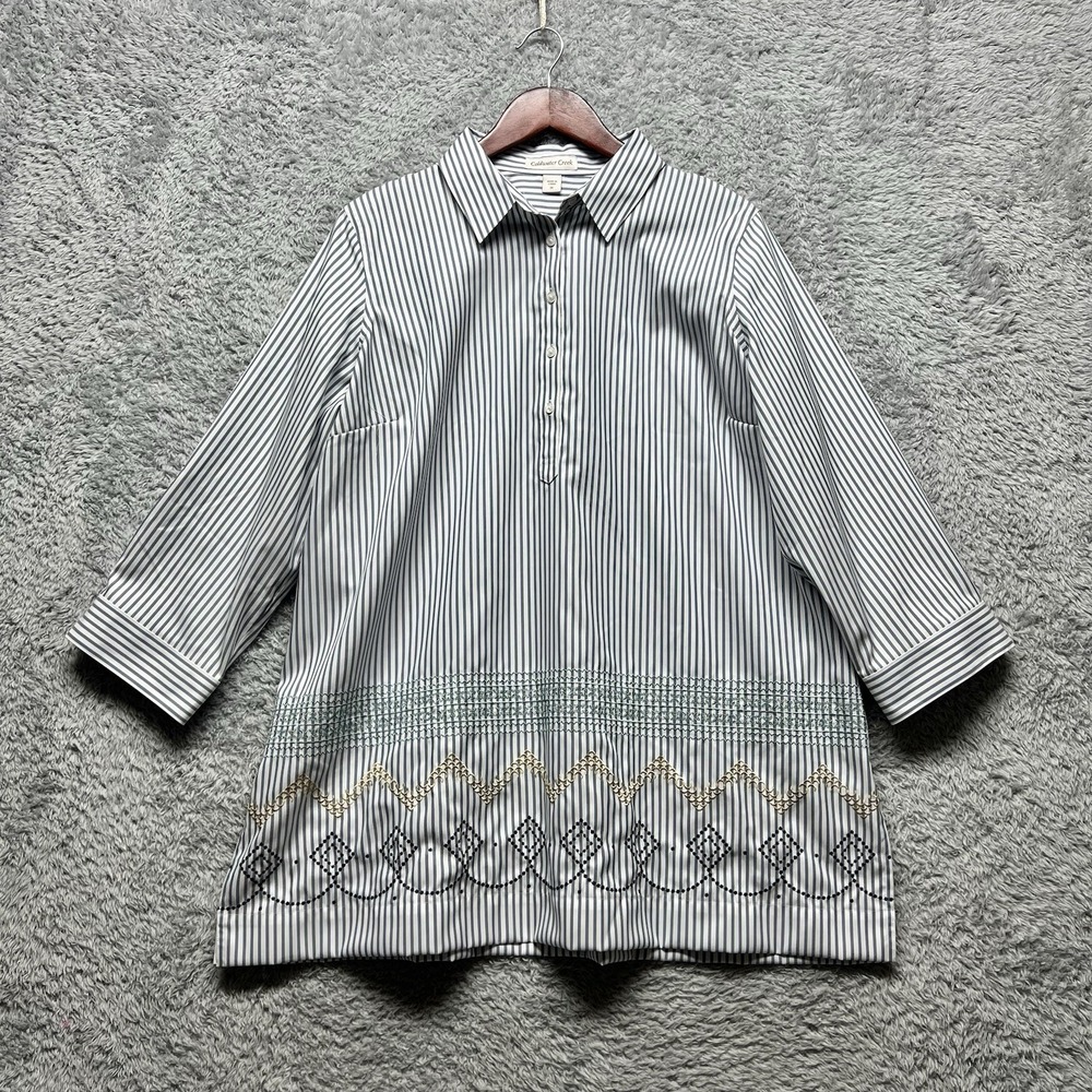Coldwater Creek Top Womens 1X Blue White Stripe Embroidered Pullover Blouse
